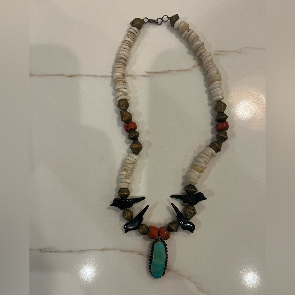 Vintage shell, brass, and turquoise western necklace